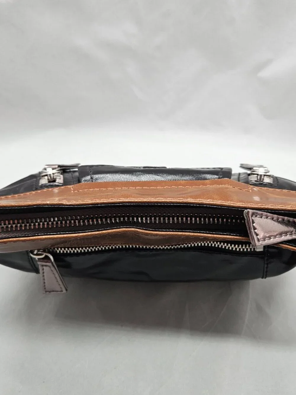 Kate Landry Vinyl Shoulder Bag Black Brown Small Hobo Purse Shiny Y2K 90s